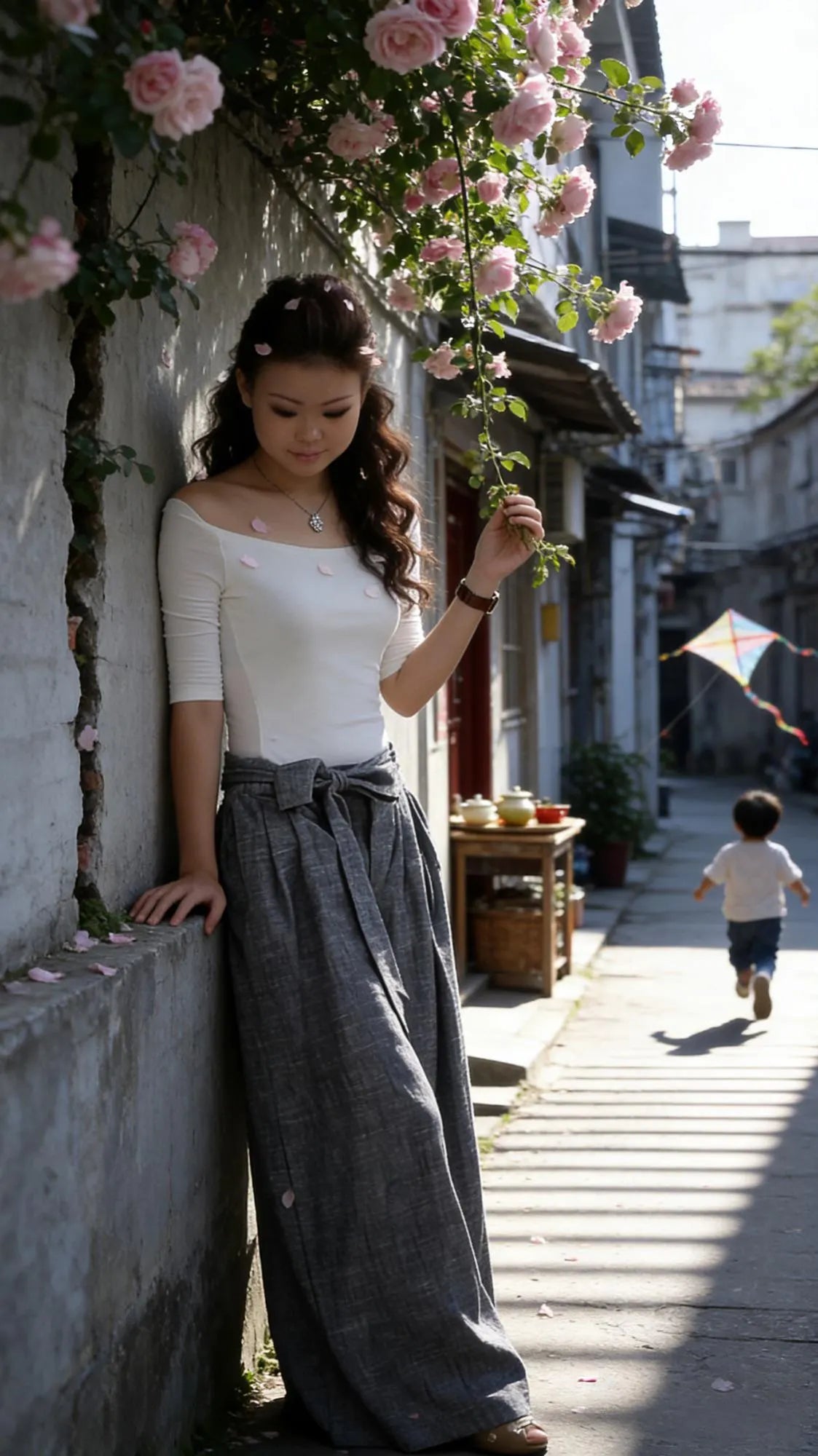 Handmade Gray Linen Wide-Leg Pants – High Waist Belted Trousers | Xiaolizi 308