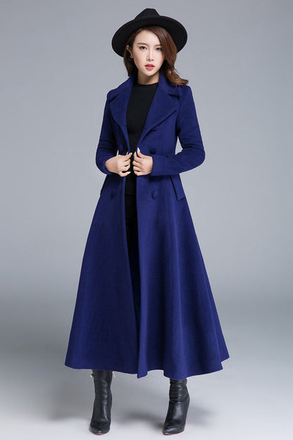 Blue Wool Winter Coat – Double Breasted Long Overcoat with Pockets  1685