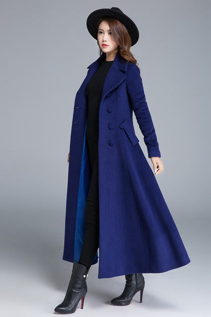Blue Wool Winter Coat – Double Breasted Long Overcoat with Pockets  1685