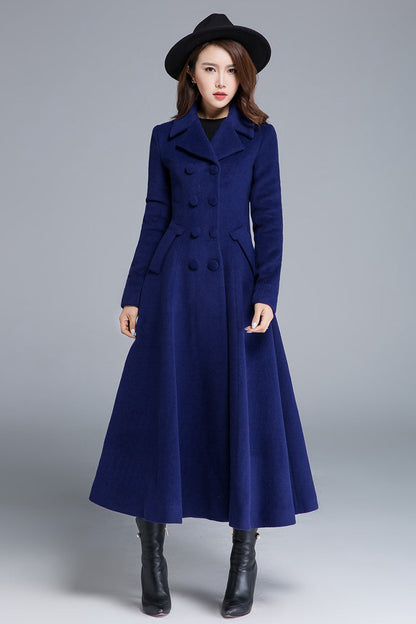 Blue Wool Winter Coat – Double Breasted Long Overcoat with Pockets  1685