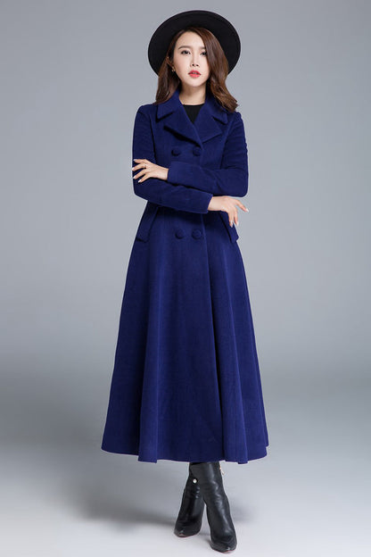 Blue Wool Winter Coat – Double Breasted Long Overcoat with Pockets  1685
