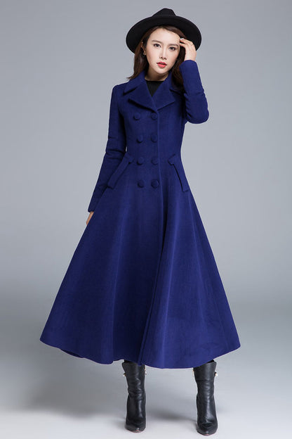 Blue Wool Winter Coat – Double Breasted Long Overcoat with Pockets  1685