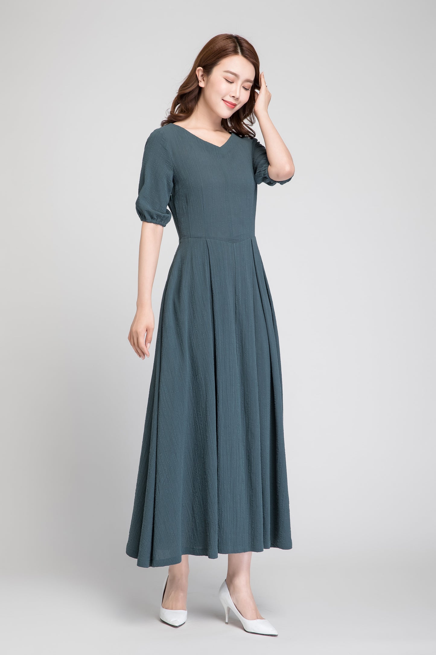 Green Linen Maxi Dress for Women with Pockets 1884