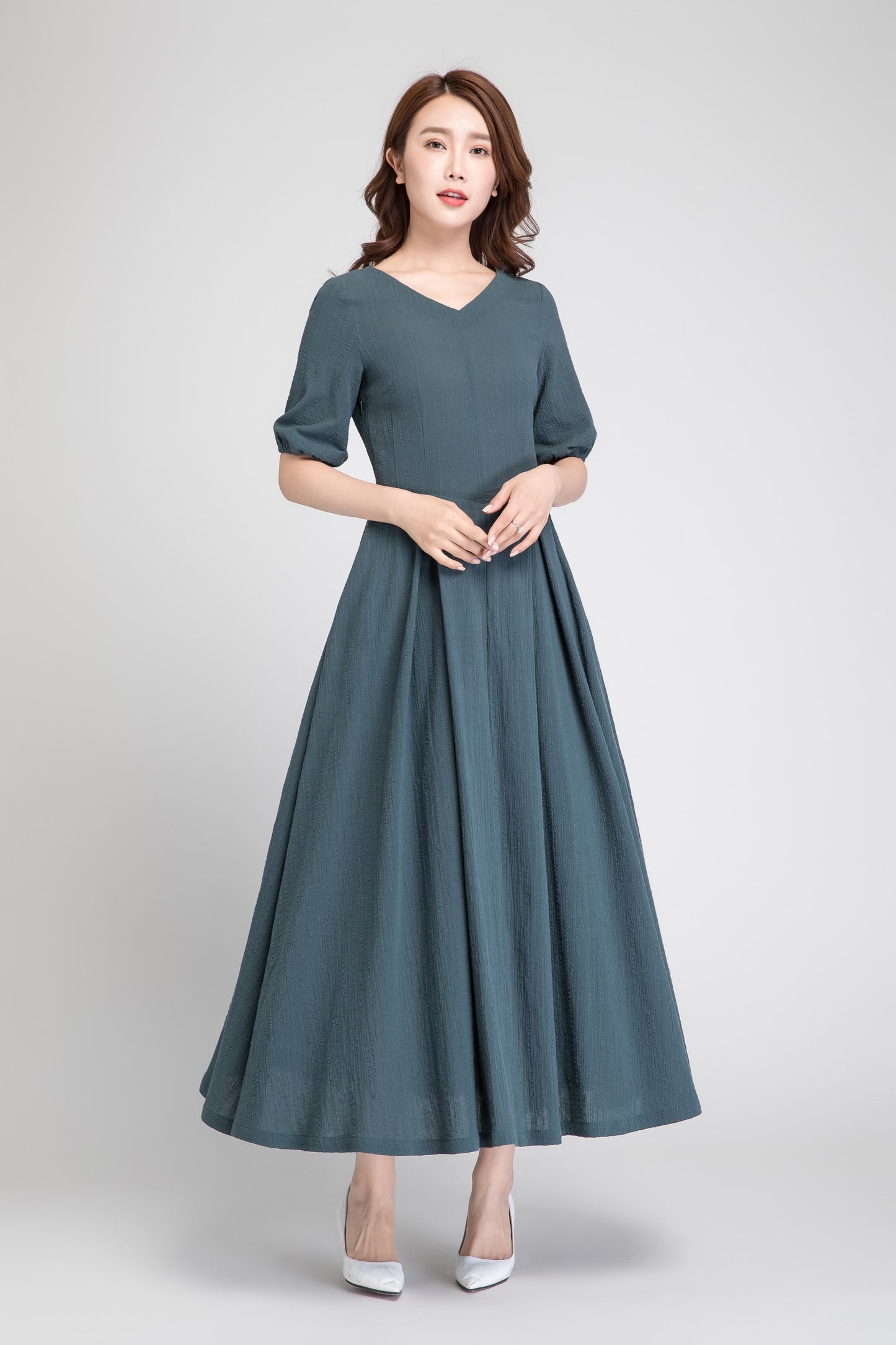 Green Linen Maxi Dress for Women with Pockets 1884