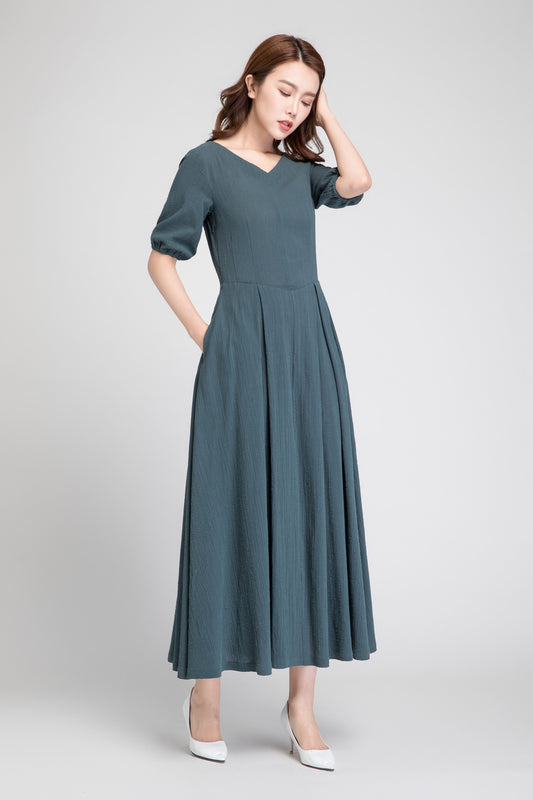 Green Linen Maxi Dress for Women with Pockets 1884