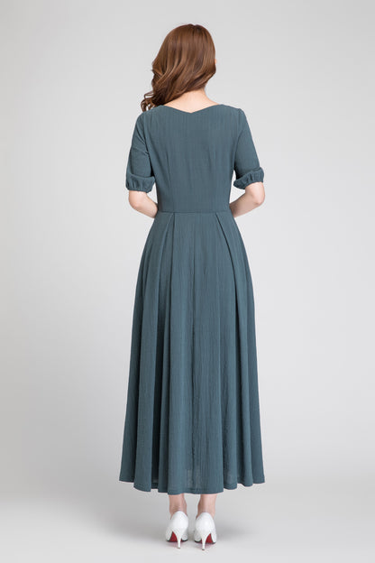 Green Linen Maxi Dress for Women with Pockets 1884