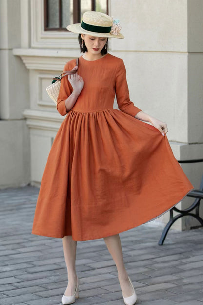 Fit and flare midi summer linen dress 4896 Xiaolizi Fit and flare midi summer linen dress 4896 Xiaolizi