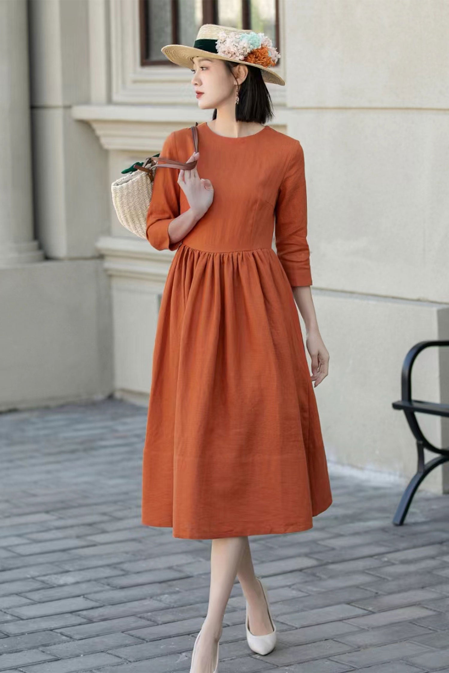 Fit and flare midi summer linen dress 4896 - yellow / XS Fit and flare midi summer linen dress 4896 - yellow / XS
