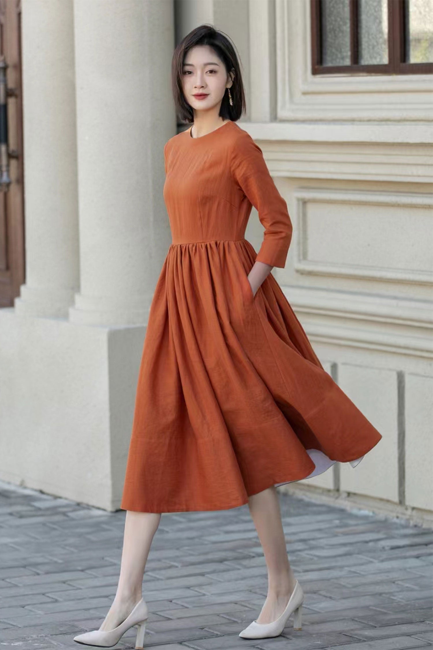 a line midi dress with sleeves Rust Orange Linen Midi Dress with Fit and Flare A-Line Silhouette – Xiaolizi