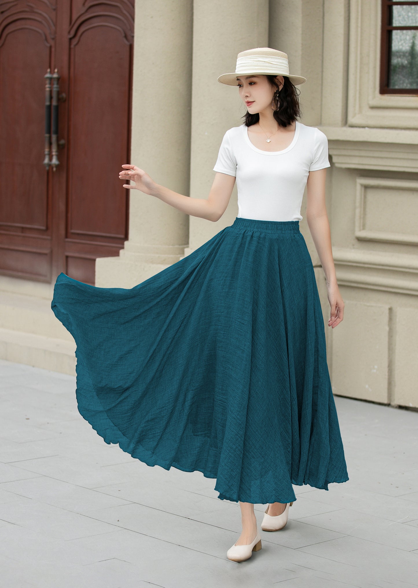 Teal Linen Cotton Skirt - Elastic Waist Maxi | Xiaolizi 6717