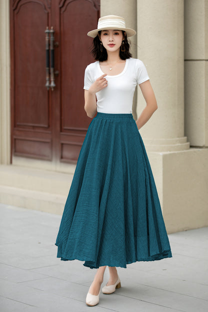 Teal Linen Cotton Skirt - Elastic Waist Maxi | Xiaolizi 6717