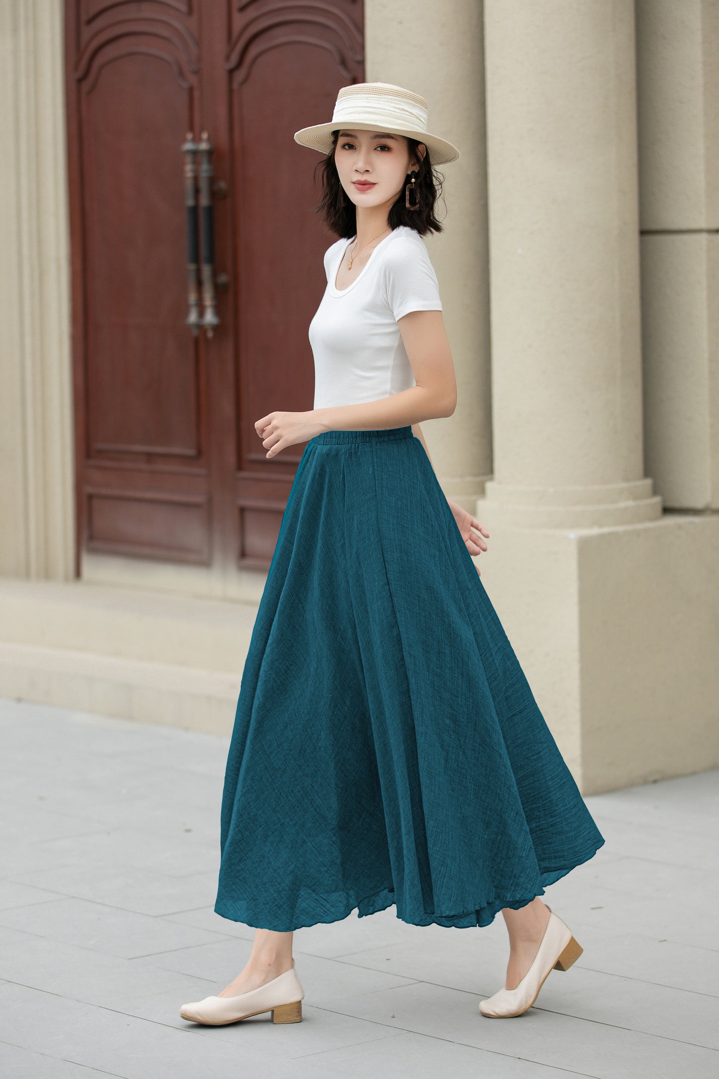 Teal Linen Cotton Skirt - Elastic Waist Maxi | Xiaolizi 6717