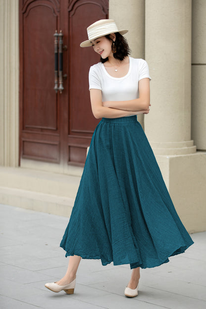 Teal Linen Cotton Skirt - Elastic Waist Maxi | Xiaolizi 6717