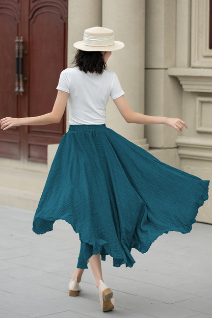 Teal Linen Cotton Skirt - Elastic Waist Maxi | Xiaolizi 6717