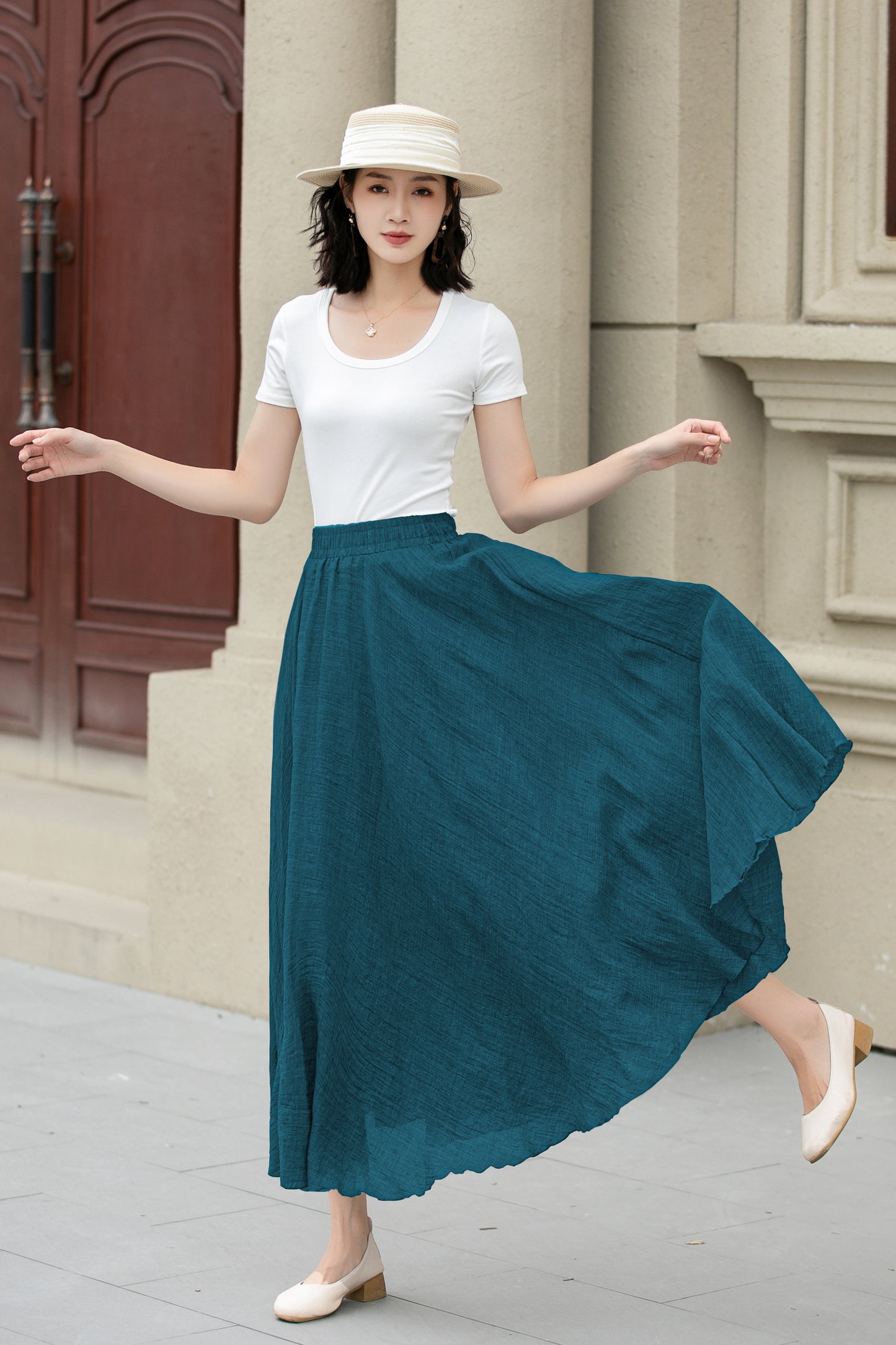 Teal Linen Cotton Skirt - Elastic Waist Maxi | Xiaolizi 6717