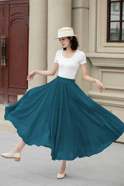 Teal Linen Cotton Skirt - Elastic Waist Maxi | Xiaolizi 6717