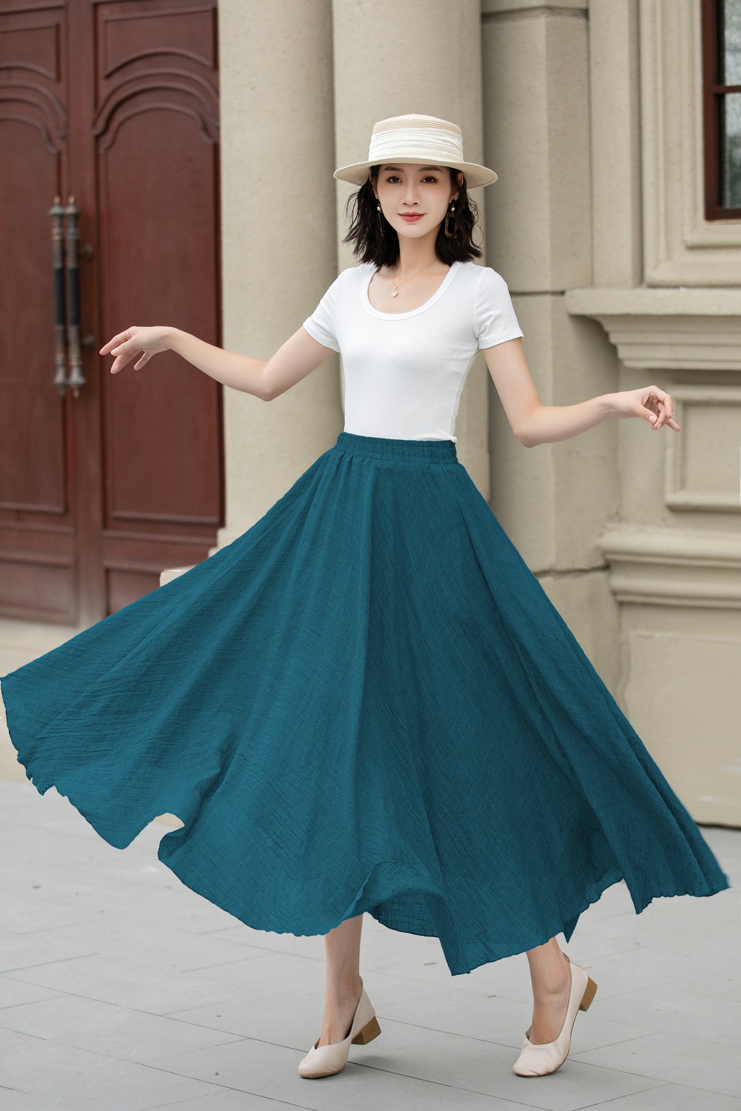 Teal Linen Cotton Skirt - Elastic Waist Maxi | Xiaolizi 6717