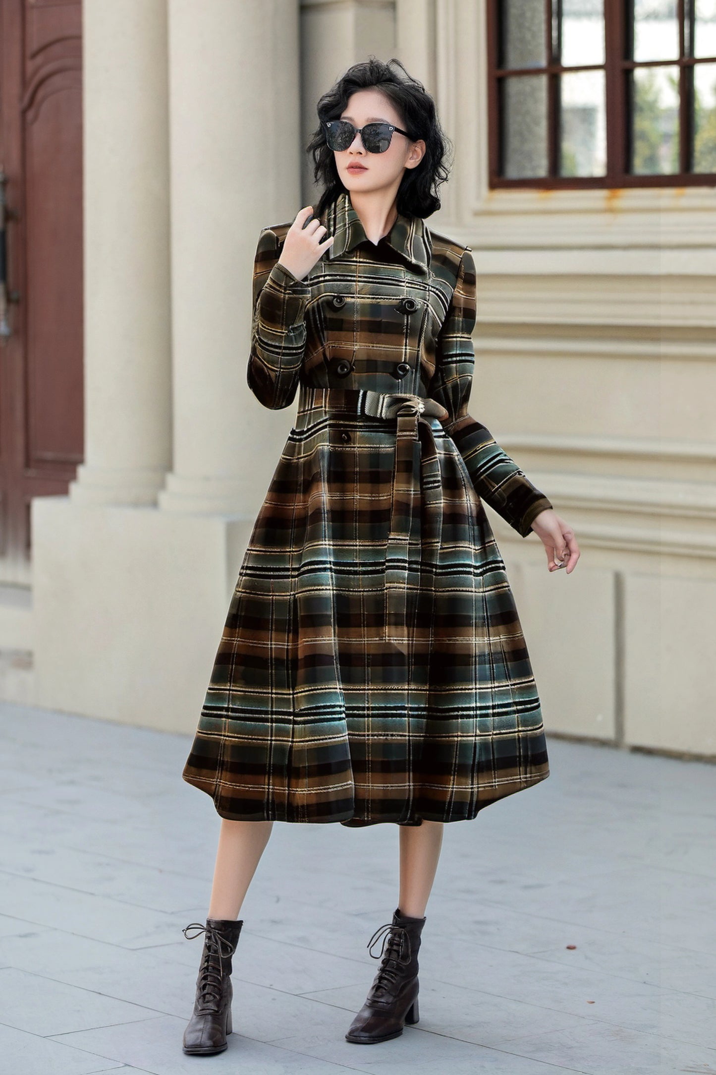 Fit and flare plaid wool coat 5567