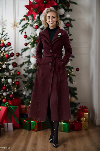 Green long wool trench coat women 5350