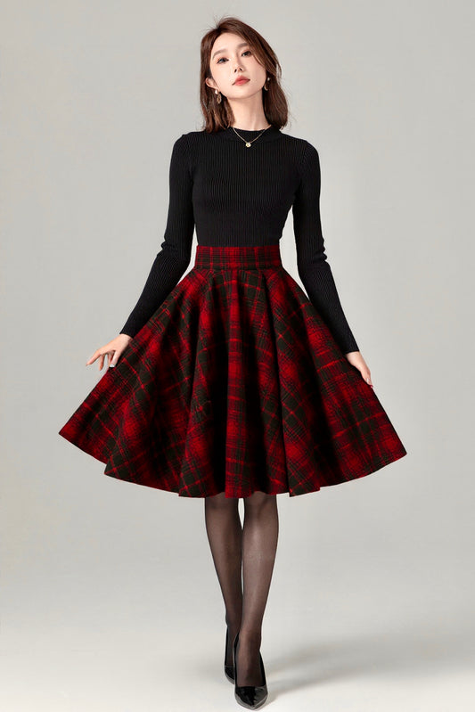 Vintage Plaid Wool Skirt – Handmade Winter Circle Skirt with Pockets | Xiaolizi 6518