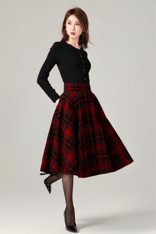 Vintage Plaid Wool Skirt – Handmade Winter Circle Skirt with Pockets | Xiaolizi 6518