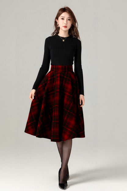 Vintage Plaid Wool Skirt – Handmade Winter Circle Skirt with Pockets | Xiaolizi 6518