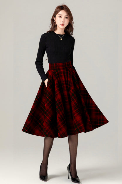 Vintage Plaid Wool Skirt – Handmade Winter Circle Skirt with Pockets | Xiaolizi 6518