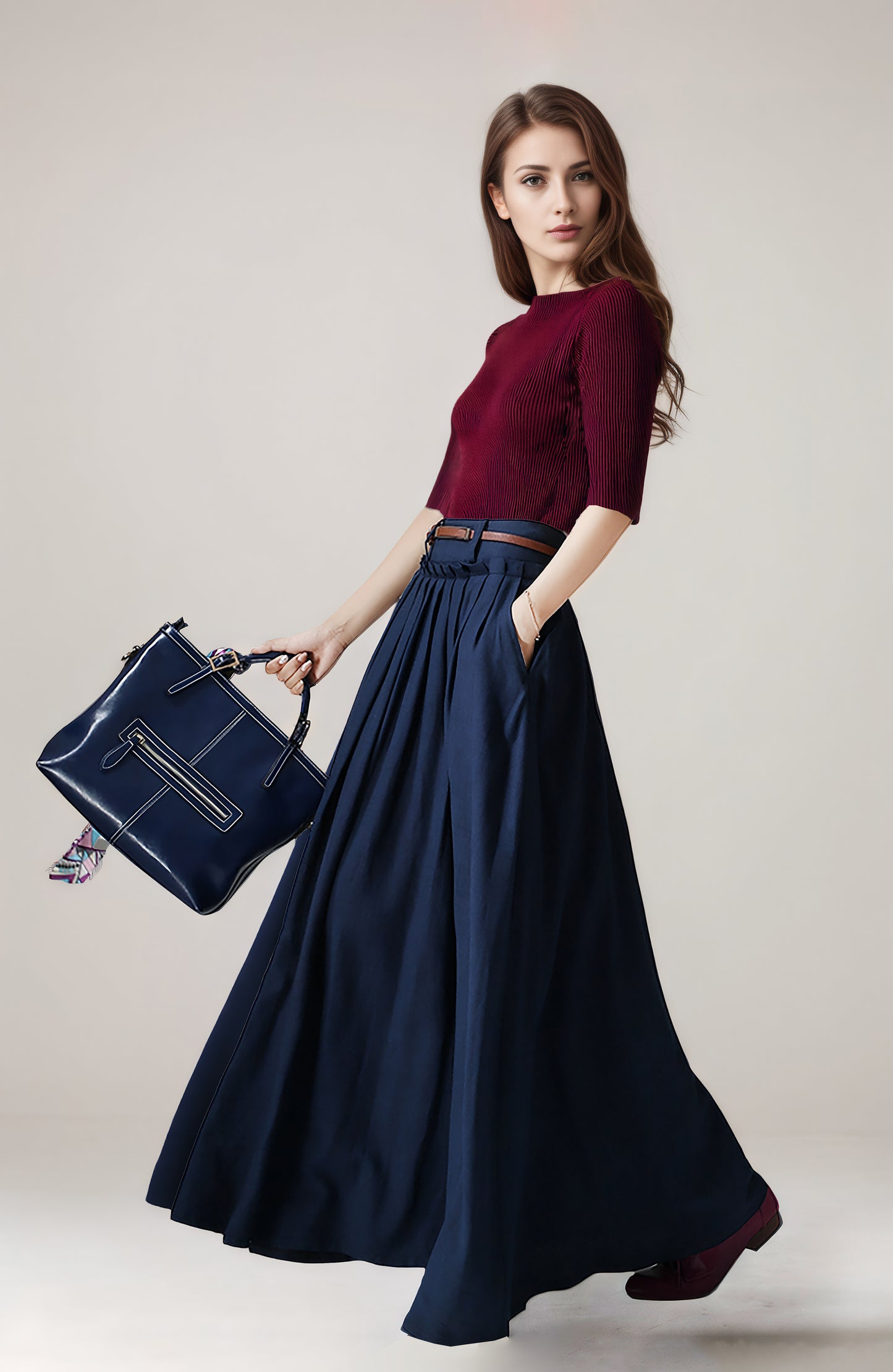 Navy Linen Cotton Maxi Skirt - Pleated High Waist | Xiaolizi 6748