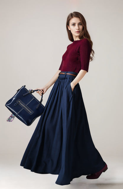 Navy Linen Cotton Maxi Skirt - Pleated High Waist | Xiaolizi 6748
