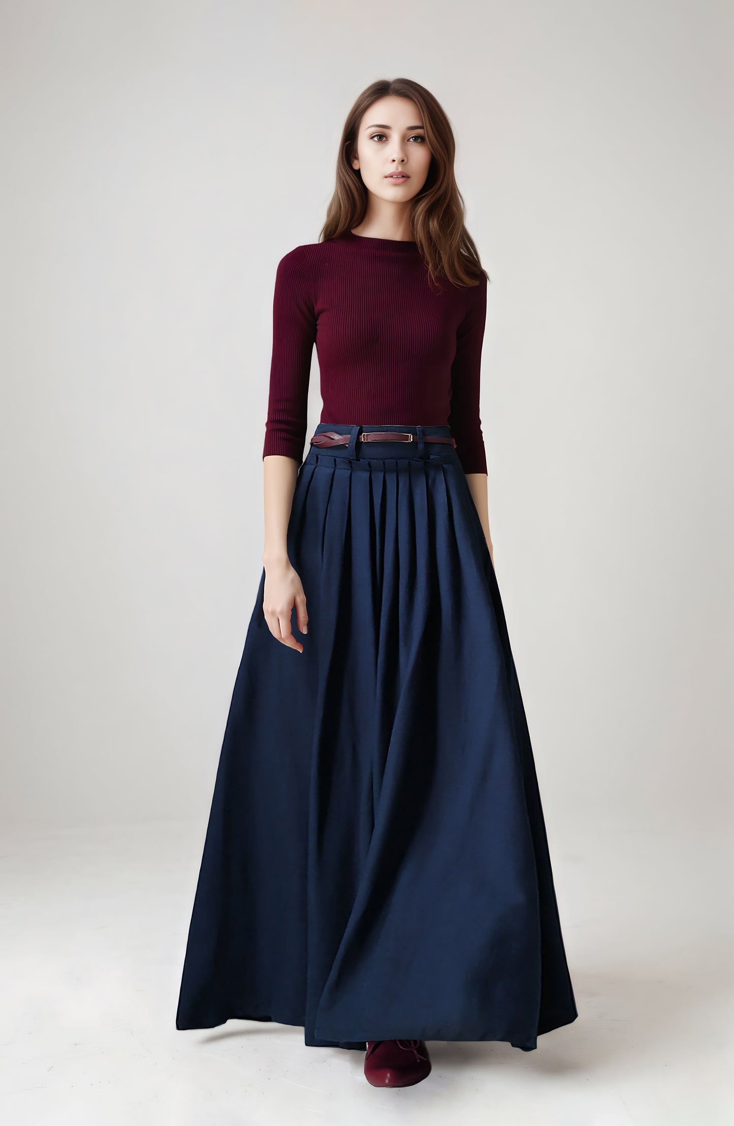 Navy Linen Cotton Maxi Skirt - Pleated High Waist | Xiaolizi 6748