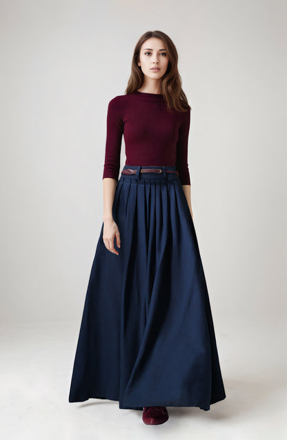 Navy Linen Cotton Maxi Skirt - Pleated High Waist | Xiaolizi 6748