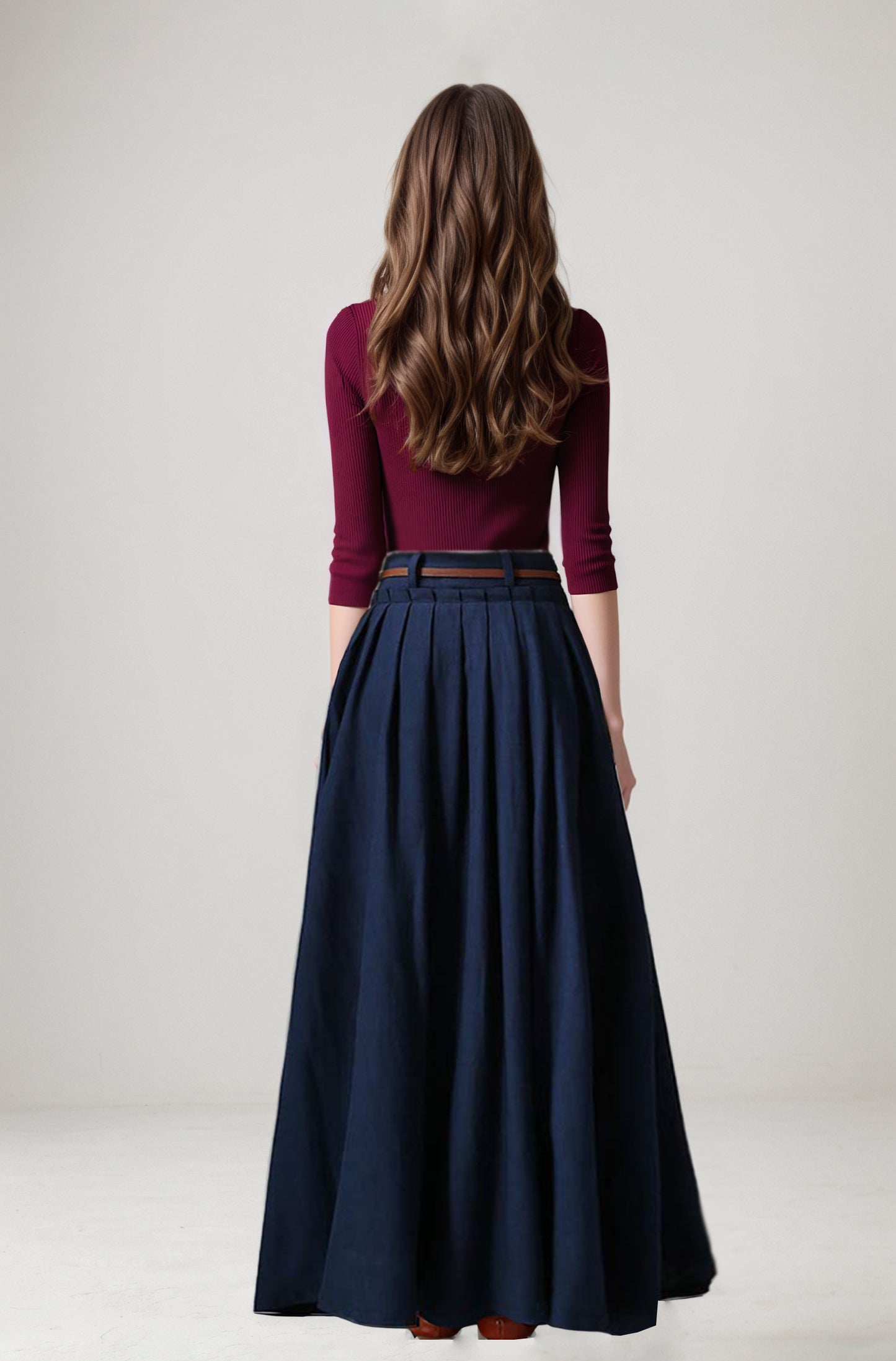 Navy Linen Cotton Maxi Skirt - Pleated High Waist | Xiaolizi 6748