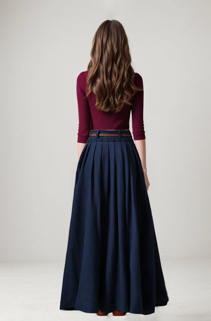 Navy Linen Cotton Maxi Skirt - Pleated High Waist | Xiaolizi 6748