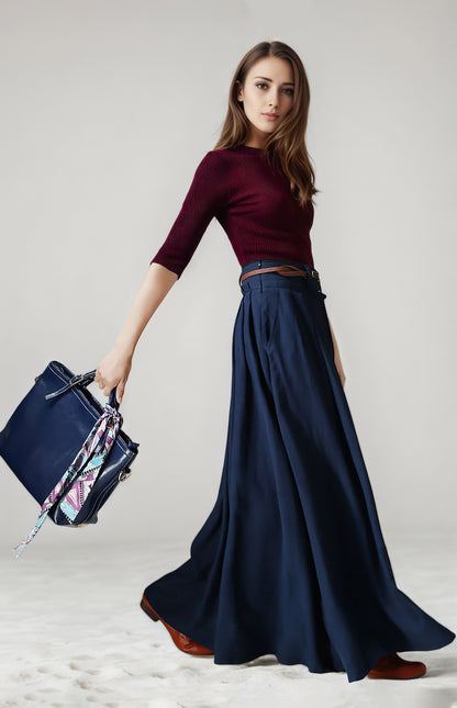 Navy Linen Cotton Maxi Skirt - Pleated High Waist | Xiaolizi 6748