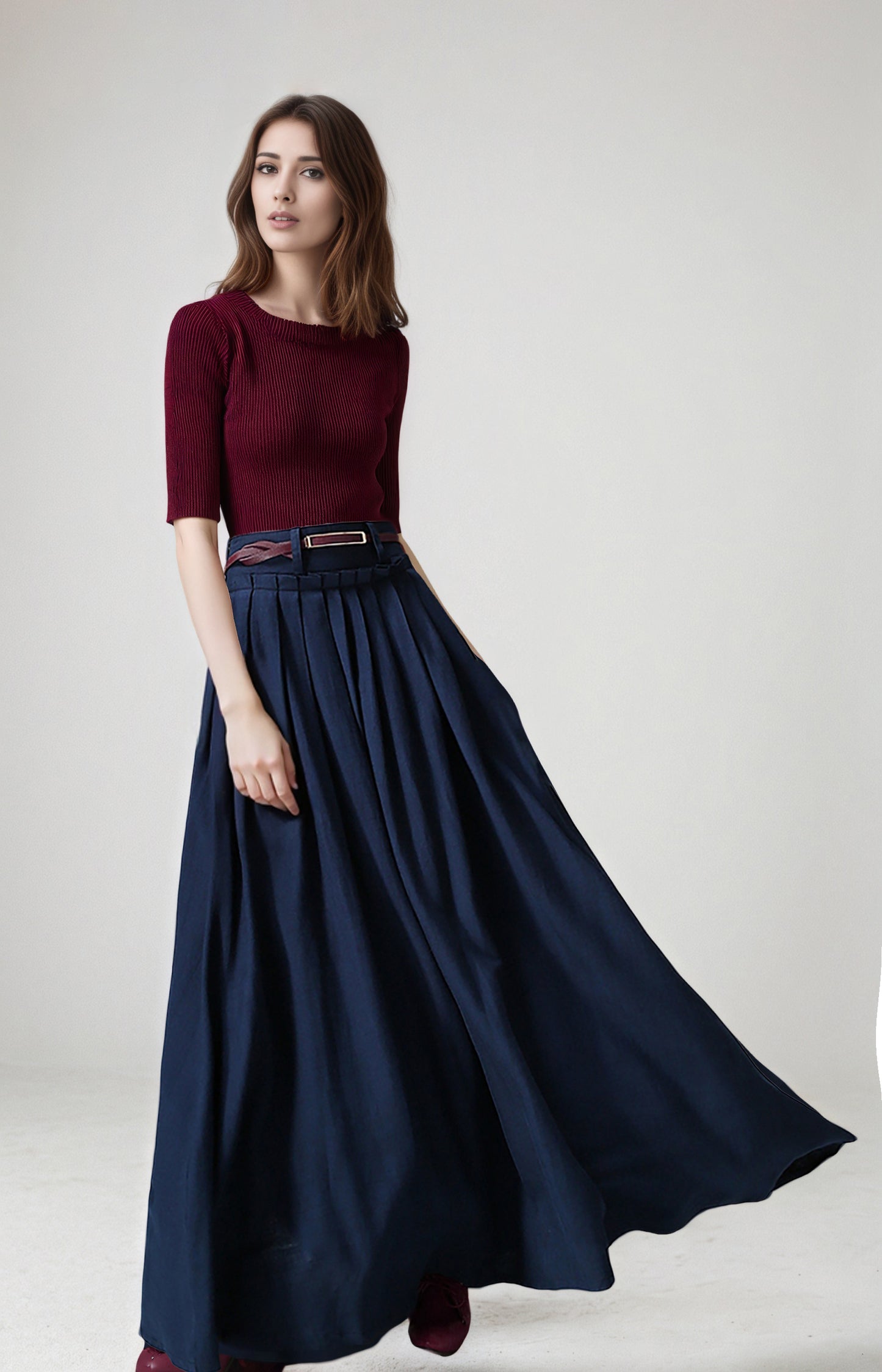 Navy Linen Cotton Maxi Skirt - Pleated High Waist | Xiaolizi 6748