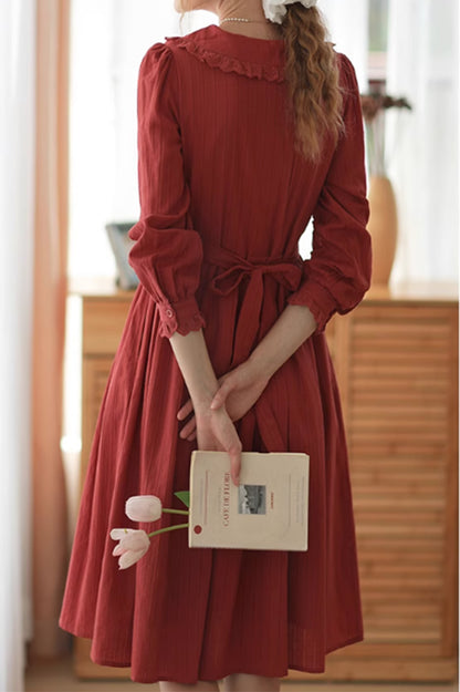 Rust Cotton Midi Dress - Fit and Flare with Ruffled Collar 4885