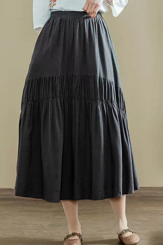 Dark gray elastic waist linen skirt women 4350