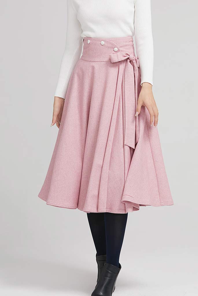 Handmade Dusty Pink Wool Midi Skirt – Vintage A-Line Swing Skirt with Bow | Xiaolizi 2242