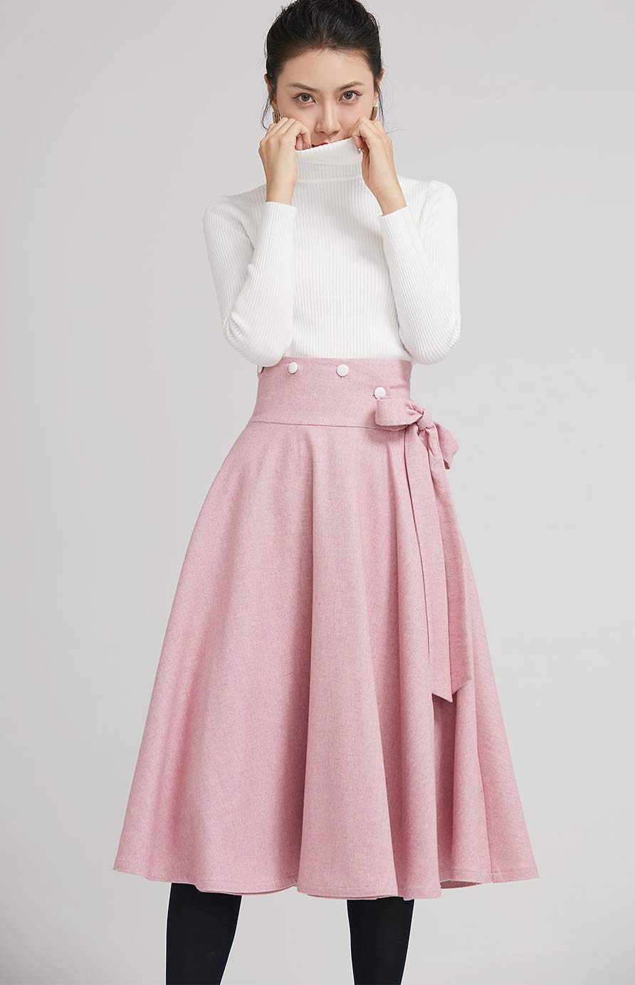 Handmade Dusty Pink Wool Midi Skirt – Vintage A-Line Swing Skirt with Bow | Xiaolizi 2242