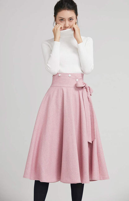 Handmade Dusty Pink Wool Midi Skirt – Vintage A-Line Swing Skirt with Bow | Xiaolizi 2242