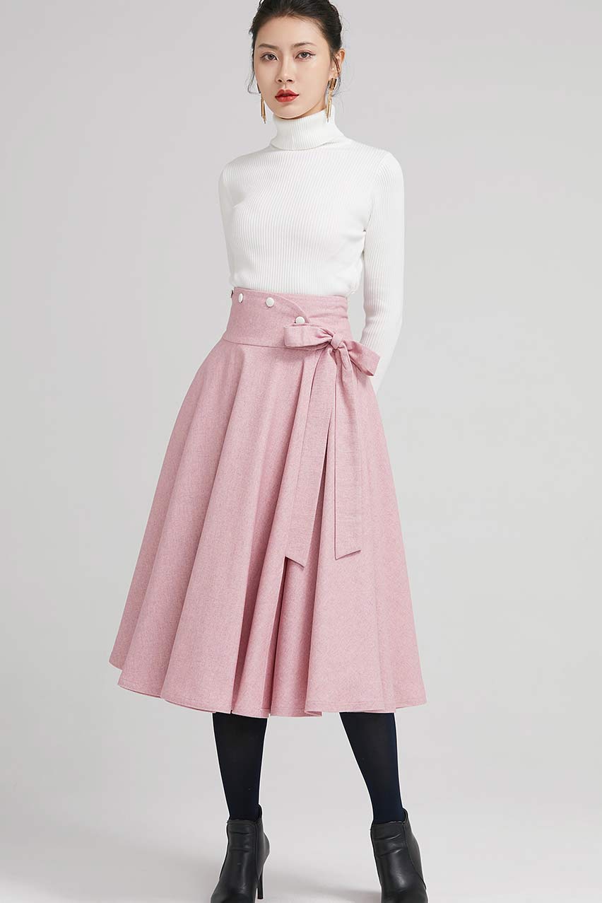 Handmade Dusty Pink Wool Midi Skirt – Vintage A-Line Swing Skirt with Bow | Xiaolizi 2242