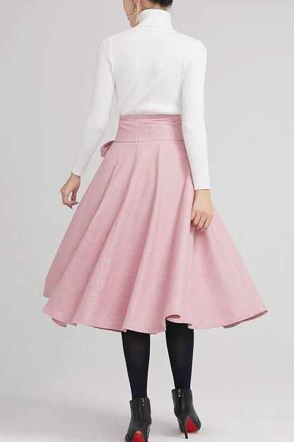 Handmade Dusty Pink Wool Midi Skirt – Vintage A-Line Swing Skirt with Bow | Xiaolizi 2242