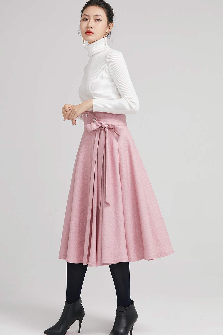 Handmade Dusty Pink Wool Midi Skirt – Vintage A-Line Swing Skirt with Bow | Xiaolizi 2242