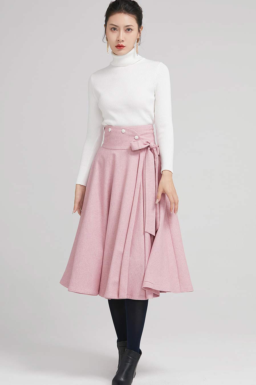 Handmade Dusty Pink Wool Midi Skirt – Vintage A-Line Swing Skirt with Bow | Xiaolizi 2242