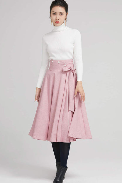 Handmade Dusty Pink Wool Midi Skirt – Vintage A-Line Swing Skirt with Bow | Xiaolizi 2242