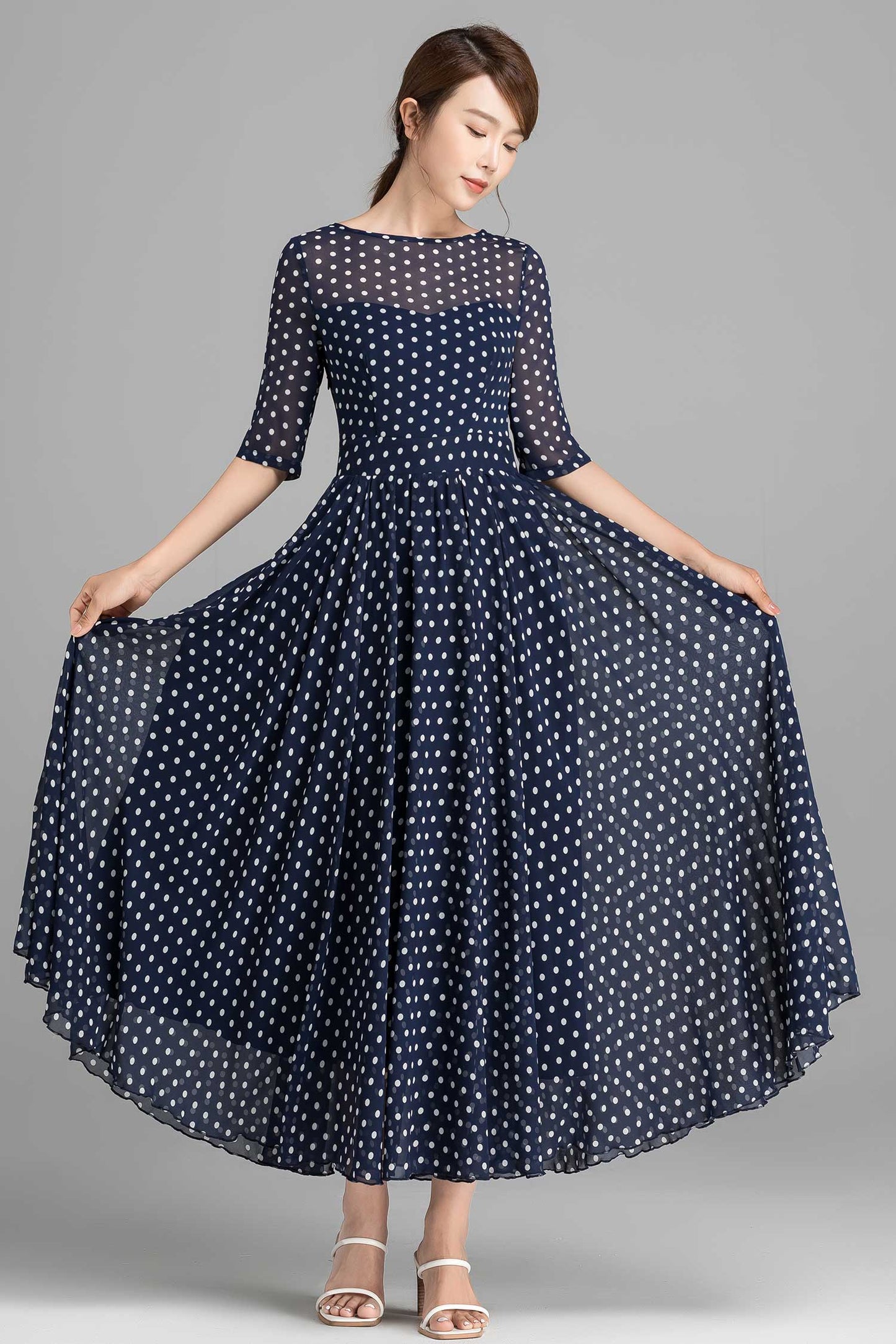 Blue and White Polka Dot chiffon Maxi Dress 2354