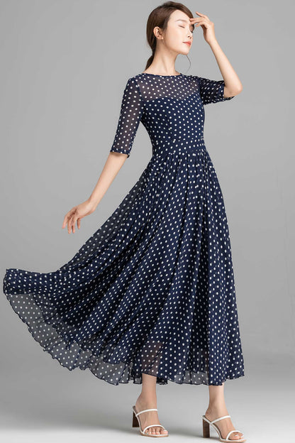 Blue and White Polka Dot chiffon Maxi Dress 2354