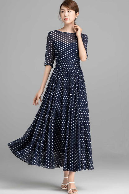 Blue and White Polka Dot chiffon Maxi Dress 2354