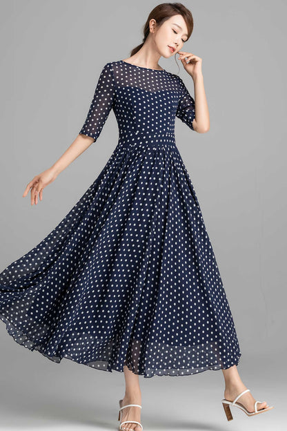 Blue and White Polka Dot chiffon Maxi Dress 2354