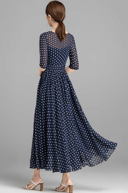 Blue and White Polka Dot chiffon Maxi Dress 2354